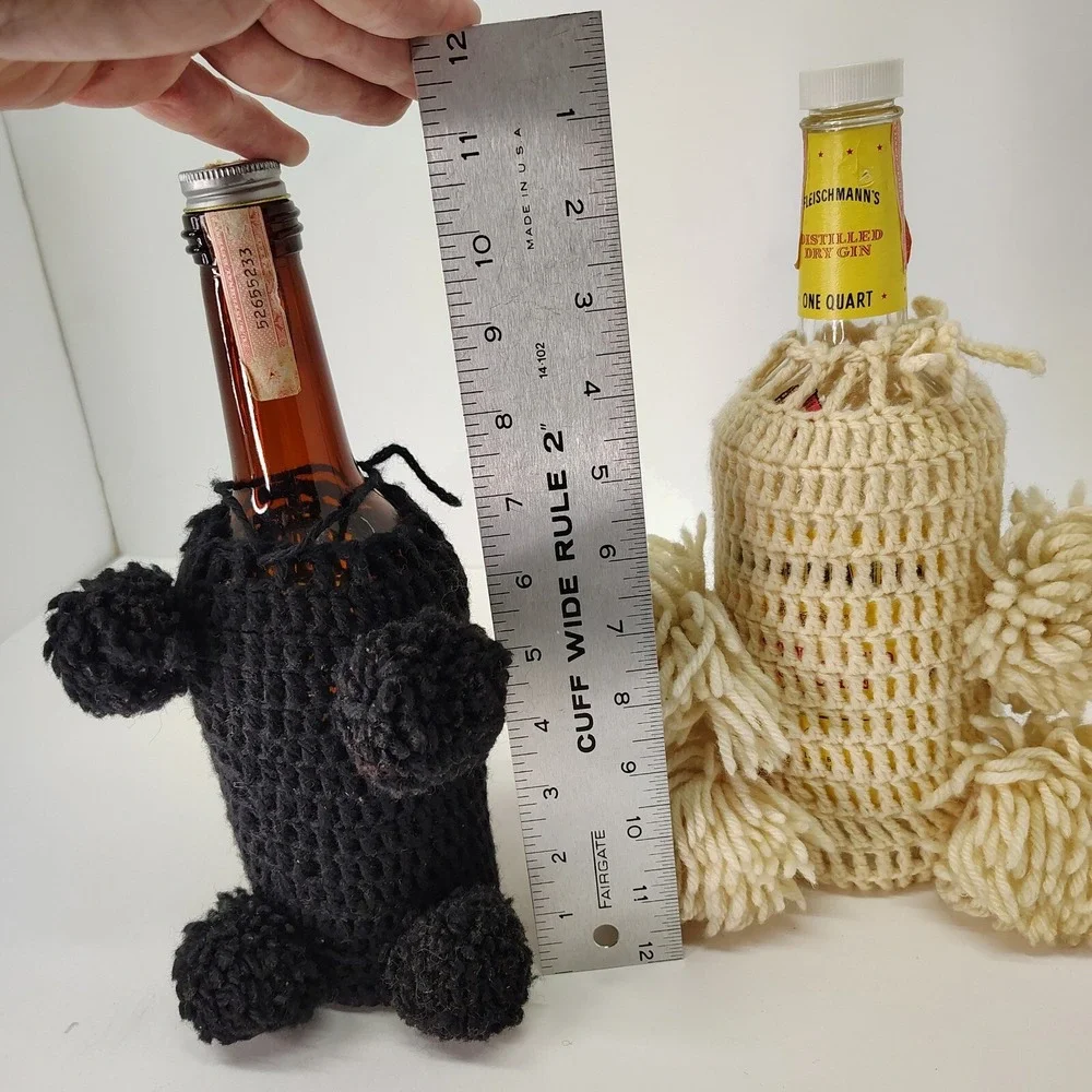 2 Vintage Liquor Bottles EMPTY and Crocheted Dog Body Black White Weird Quirky‎